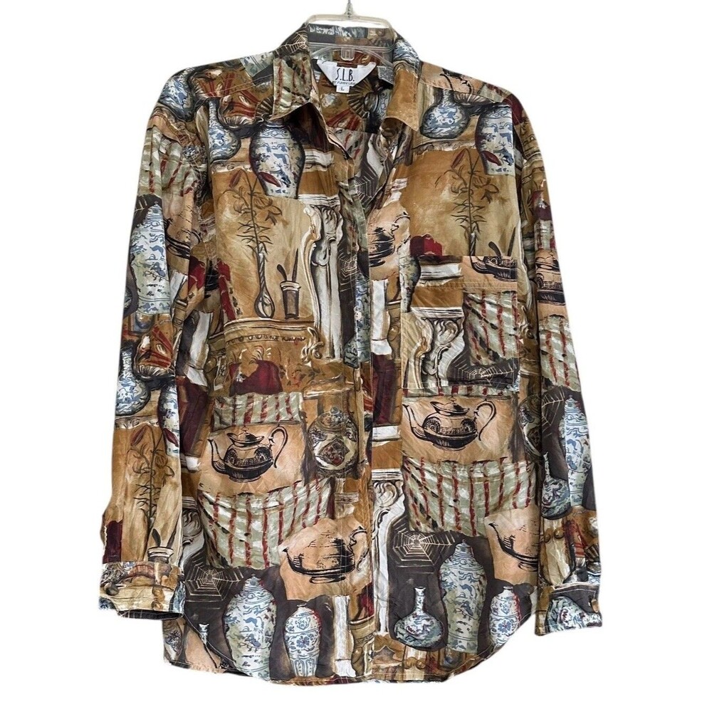Vintage SLB By Sunny Leigh Womens Button Up Silk Shirt L Tea Pot Print Old Money